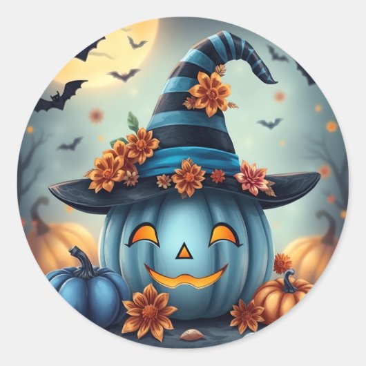 Blauwe Halloween Pompoen Jack-o-lantern Ronde Sticker (Voorkant)