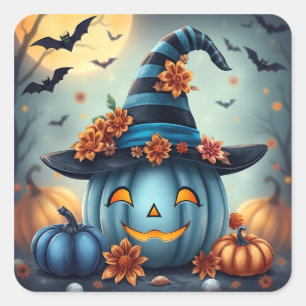 Blauwe Halloween Pompoen Jack-o-lantern Vierkante Sticker