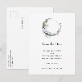 Blauwe halve maan met witte bloemen aankondigingskaart