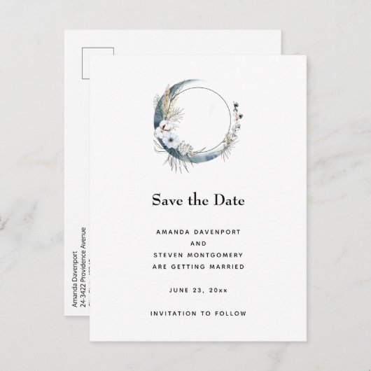 Blauwe halve maan met witte bloemen aankondigingskaart (Voorkant / Achterkant)