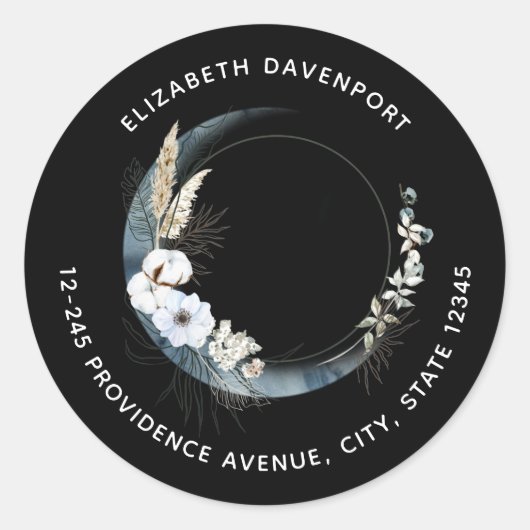 Blauwe Halve Maan met Witte Bloemen Adres Ronde Sticker (Voorkant)
