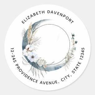 Blauwe Halve Maan met Witte Bloemen Adres Ronde Sticker