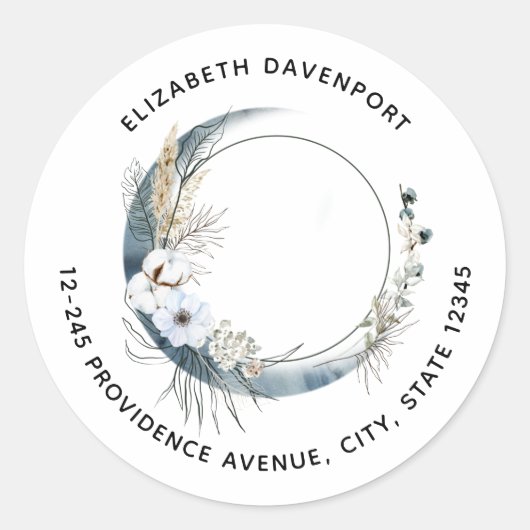 Blauwe Halve Maan met Witte Bloemen Adres Ronde Sticker (Voorkant)