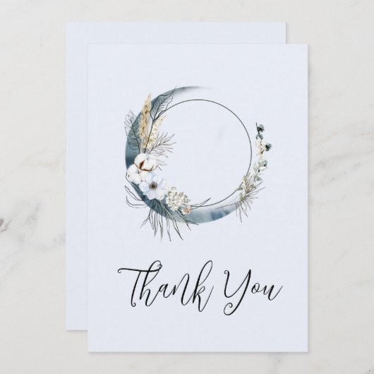 Blauwe halve maan met witte bloemen bedankkaart (Voorkant / Achterkant)