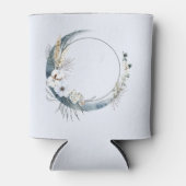 Blauwe halve maan met witte bloemen blikjeskoeler (Voorkant)