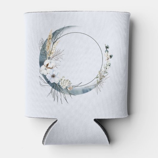 Blauwe halve maan met witte bloemen blikjeskoeler (Voorkant)