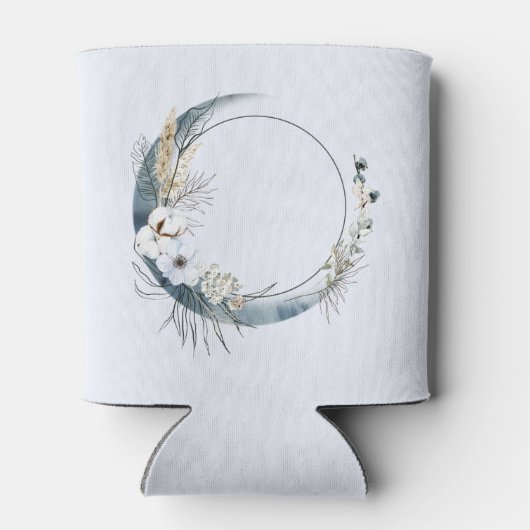 Blauwe halve maan met witte bloemen blikjeskoeler (Achterkant)