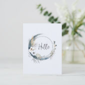 Blauwe halve maan met witte bloemen briefkaart (Staand voorkant)