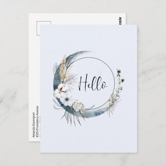 Blauwe halve maan met witte bloemen briefkaart (Voorkant / Achterkant)