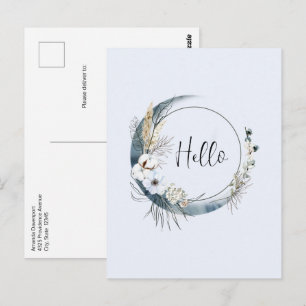 Blauwe halve maan met witte bloemen briefkaart