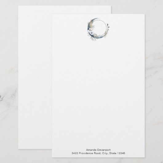 Blauwe halve maan met witte bloemen briefpapier (Voorkant / Achterkant)