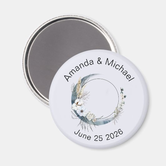 Blauwe halve maan met witte bloemen bruiloft magneet (Voorkant / Achterkant)