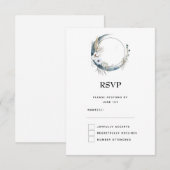 Blauwe halve maan met witte bloemen bruiloft RSVP kaartje (Voorkant / Achterkant)