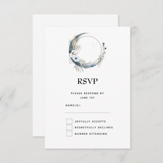 Blauwe halve maan met witte bloemen bruiloft RSVP kaartje (Voorkant / Achterkant)