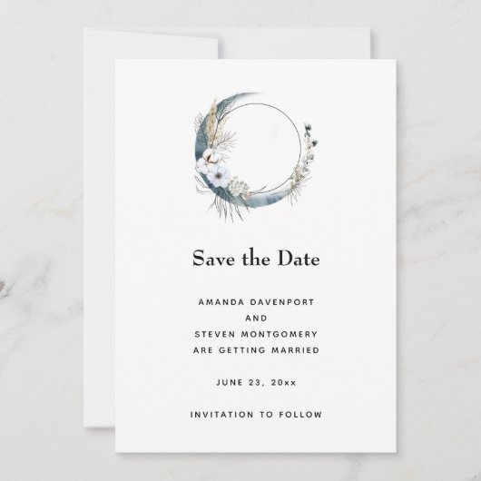 Blauwe halve maan met witte bloemen bruiloft save the date (Voorkant)