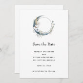 Blauwe halve maan met witte bloemen bruiloft save the date (Voorkant / Achterkant)