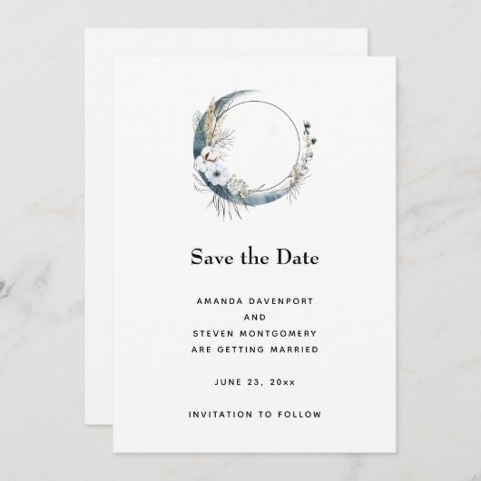 Blauwe halve maan met witte bloemen bruiloft save the date (Voorkant / Achterkant)