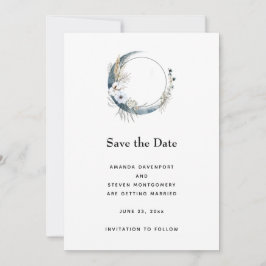 Blauwe halve maan met witte bloemen bruiloft save the date