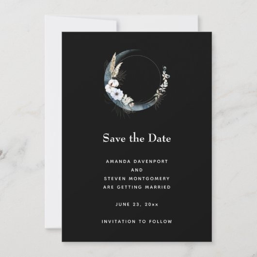 Blauwe halve maan met witte bloemen bruiloft save the date (Voorkant)