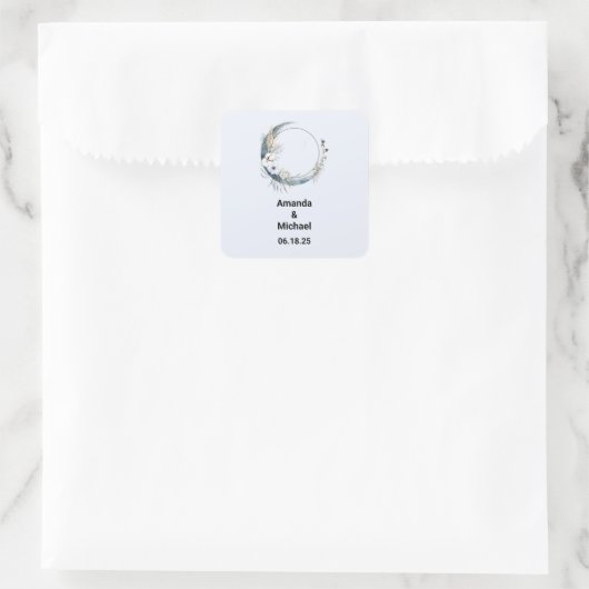 Blauwe halve maan met witte bloemen bruiloft vierkante sticker (Tas)