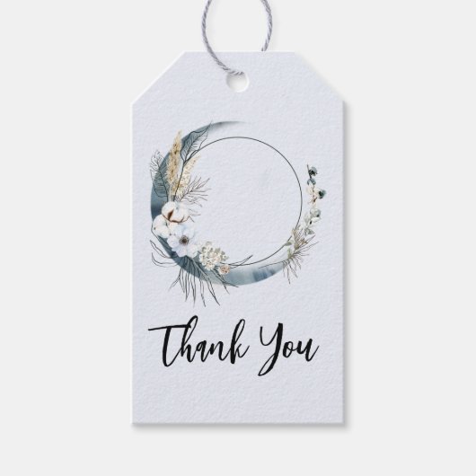 Blauwe Halve Maan met Witte Bloemen Dank Je Cadeaulabel (Voorkant)