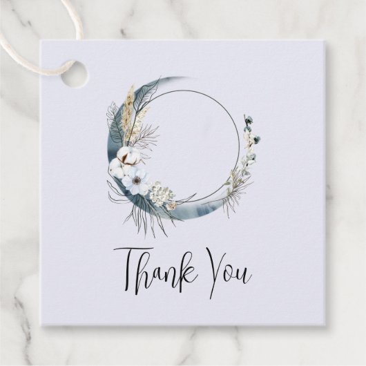Blauwe Halve Maan met Witte Bloemen Dank U Bedankjes Labels (Voorkant)