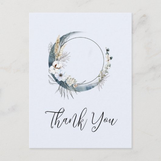Blauwe Halve Maan met Witte Bloemen Dank U Briefkaart (Voorkant)