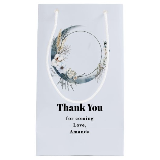 Blauwe Halve Maan met Witte Bloemen Dank U Klein Cadeauzakje (Voorkant)