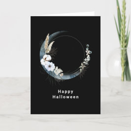 Blauwe halve maan met witte bloemen Halloween Feestdagen Kaart