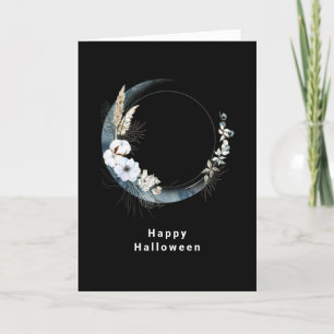 Blauwe halve maan met witte bloemen Halloween Feestdagen Kaart