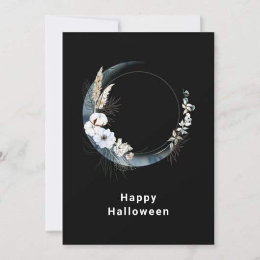 Blauwe halve maan met witte bloemen Halloween Feestdagenkaart (Voorkant)