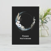 Blauwe halve maan met witte bloemen Halloween Feestdagenkaart (Staand voorkant)