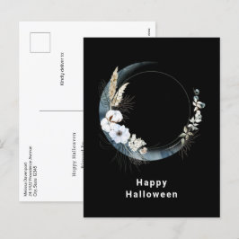 Blauwe halve maan met witte bloemen Halloween Feestdagenkaart
