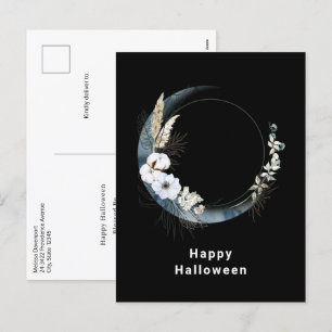 Blauwe halve maan met witte bloemen Halloween Feestdagenkaart