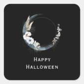 Blauwe halve maan met witte bloemen Halloween Vierkante Sticker (Voorkant)