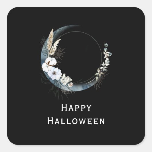 Blauwe halve maan met witte bloemen Halloween Vierkante Sticker (Voorkant)