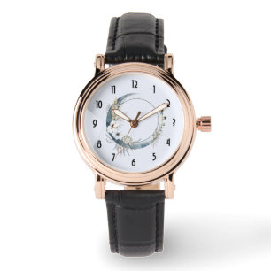 Blauwe halve maan met witte bloemen horloge