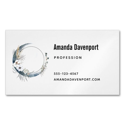 Blauwe halve maan met witte bloemen magnetisch visitekaartje (Voorkant)