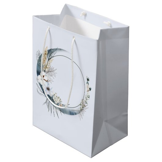 Blauwe halve maan met witte bloemen medium cadeauzakje (Voorkant Gekanteld)