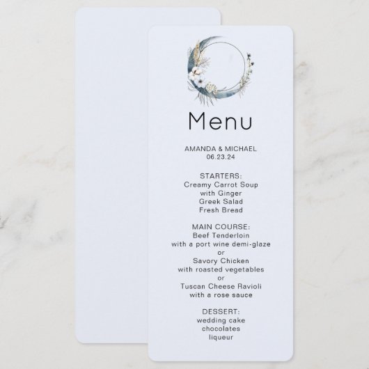 Blauwe Halve Maan met Witte Bloemen Menu Kaart (Voorkant / Achterkant)