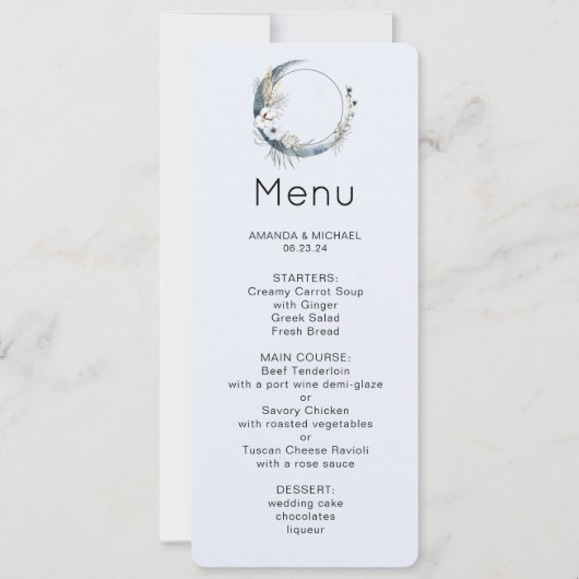Blauwe Halve Maan met Witte Bloemen Menu Kaart (Voorkant)