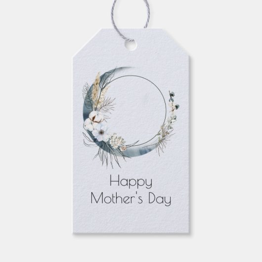 Blauwe Halve Maan met Witte Bloemen Moederdag Cadeaulabel (Voorkant)