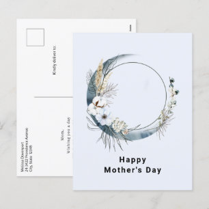 Blauwe Halve Maan met Witte Bloemen Moederdag Feestdagenkaart