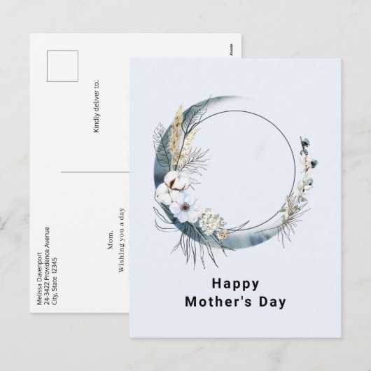 Blauwe Halve Maan met Witte Bloemen Moederdag Feestdagenkaart (Voorkant / Achterkant)