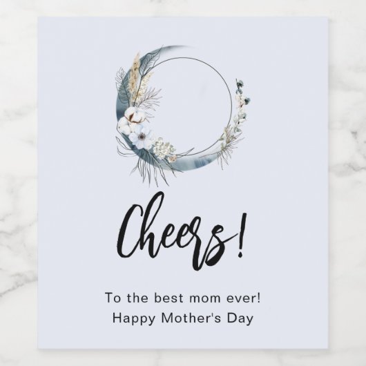 Blauwe Halve Maan met Witte Bloemen Moederdag Wijn Etiket (Enkel label)