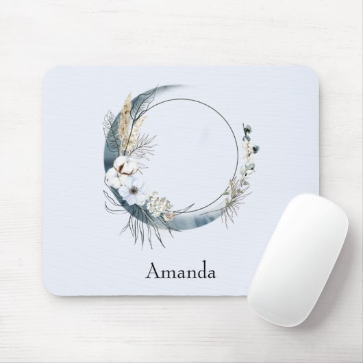 Blauwe halve maan met witte bloemen muismat (Met muis)