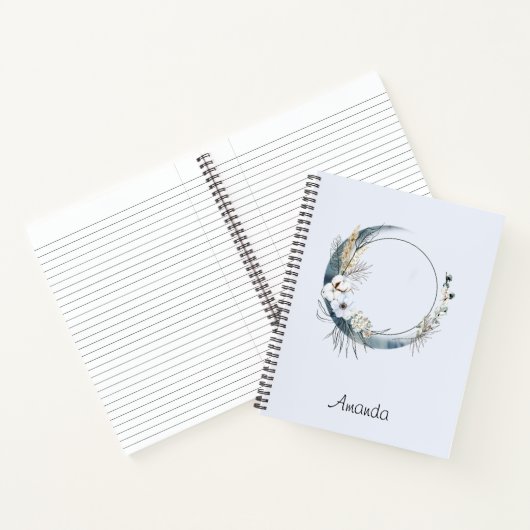 Blauwe halve maan met witte bloemen notitieboek (Binnen)