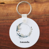 Blauwe halve maan met witte bloemen sleutelhanger (Voorkant)