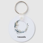 Blauwe halve maan met witte bloemen sleutelhanger (Achterkant)