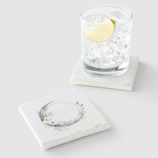 Blauwe halve maan met witte bloemen stenen onderzetter (Zijkant)